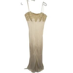 Magical Cream Silk Maxi w Gold Lace – Wear with Heels & Soft Wrap, Sz M/L